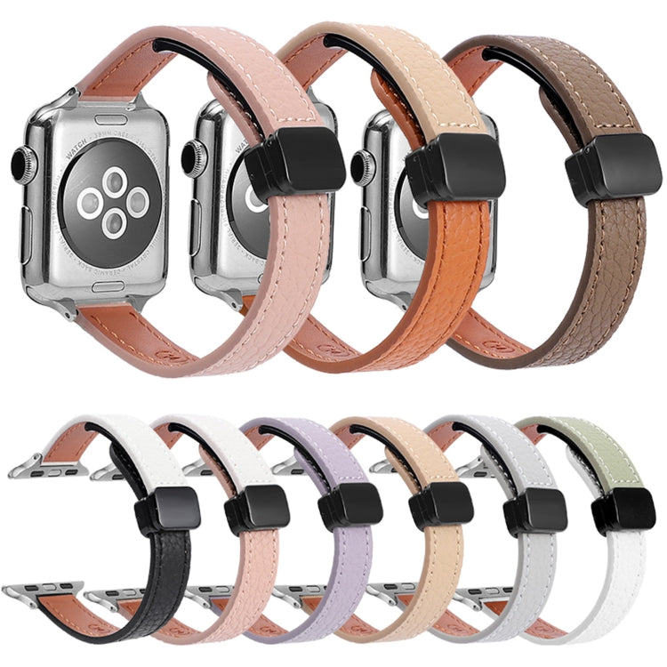 For Apple Watch 38mm Slim Magnetic Buckle Genuine Leather Watch Band(Litchi Orange Apricot) - Watch Bands by PMC Jewellery | Online Shopping South Africa | PMC Jewellery