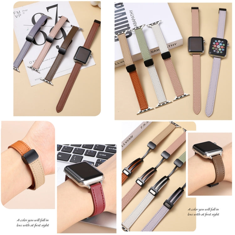 For Apple Watch Series 6 44mm Slim Magnetic Buckle Genuine Leather Watch Band(Litchi Pink Beige) - Watch Bands by PMC Jewellery | Online Shopping South Africa | PMC Jewellery