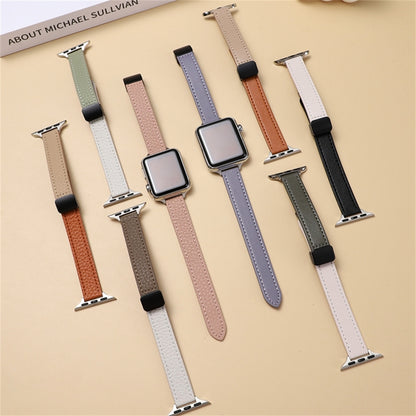 For Apple Watch SE 2022 40mm Slim Magnetic Buckle Genuine Leather Watch Band(Litchi Black Beige) - Watch Bands by PMC Jewellery | Online Shopping South Africa | PMC Jewellery