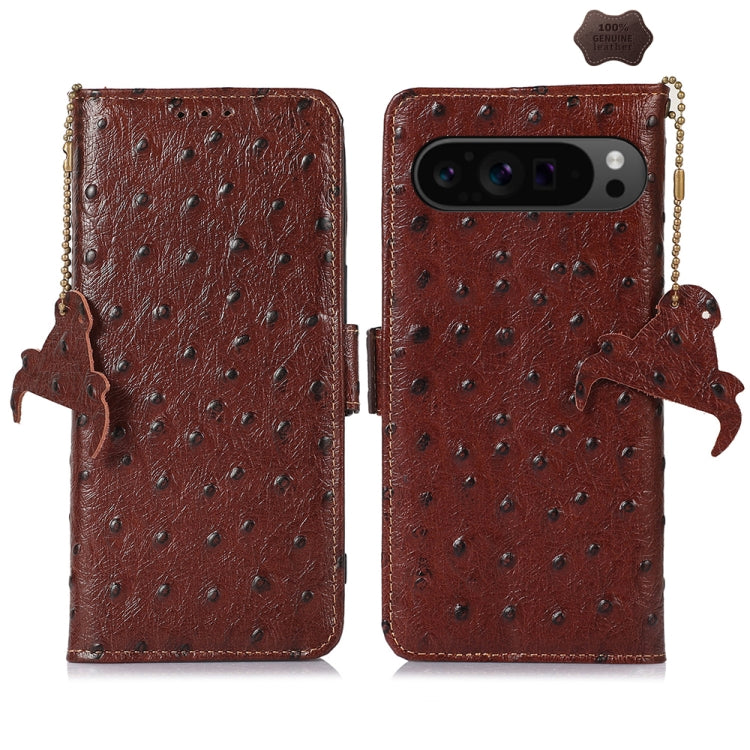 For Google Pixel 9 Pro Ostrich Pattern Genuine Leather RFID Phone Case(Coffee) - Google Cases by PMC Jewellery | Online Shopping South Africa | PMC Jewellery | Buy Now Pay Later Mobicred