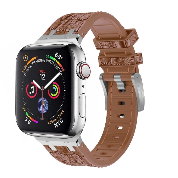 For Apple Watch SE 2023 44mm Crocodile Texture Liquid Silicone Watch Band(Silver Yellow Brown) - Watch Bands by PMC Jewellery | Online Shopping South Africa | PMC Jewellery