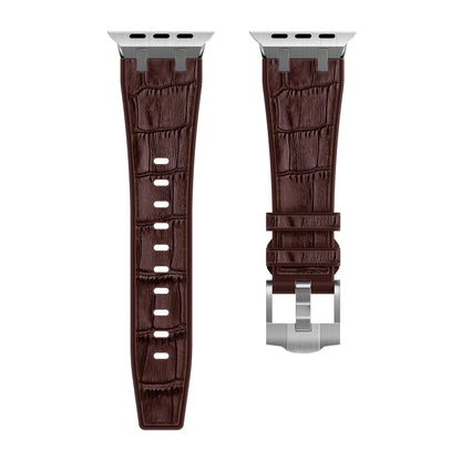 For Apple Watch SE 2023 40mm Crocodile Texture Liquid Silicone Watch Band(Silver Dark Brown) - Watch Bands by PMC Jewellery | Online Shopping South Africa | PMC Jewellery