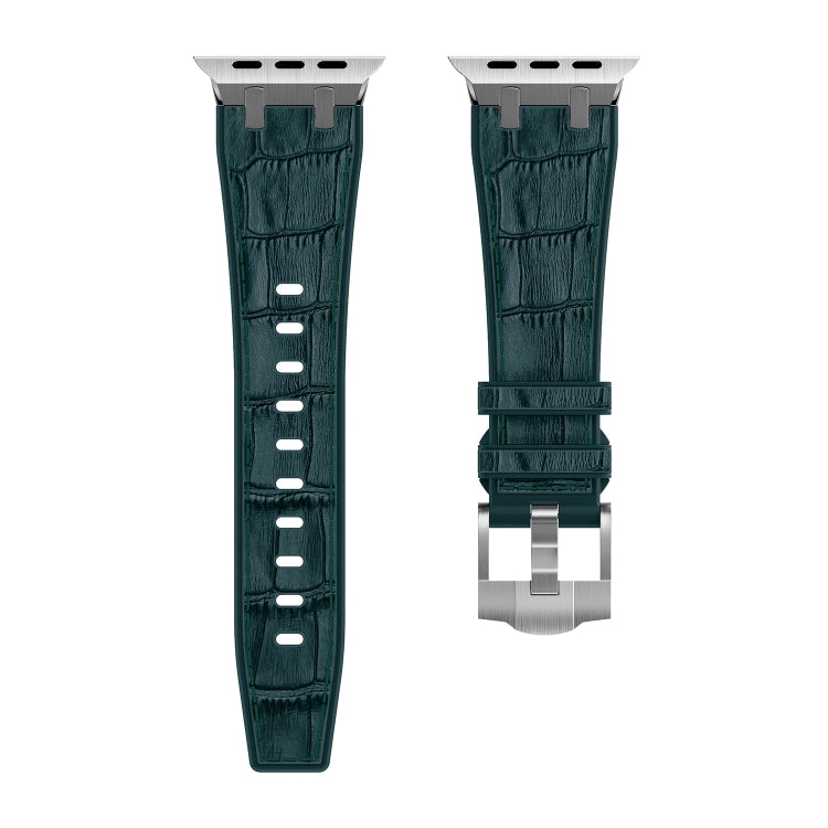 For Apple Watch Series 9 45mm Crocodile Texture Liquid Silicone Watch Band(Silver Deep Green) - Watch Bands by PMC TechLife | Online Shopping South Africa | PMC TechLife