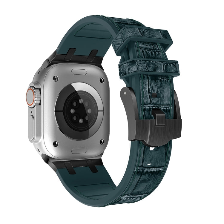 For Apple Watch Series 8 45mm Crocodile Texture Liquid Silicone Watch Band(Black Deep Green) - Watch Bands by PMC TechLife | Online Shopping South Africa | PMC TechLife