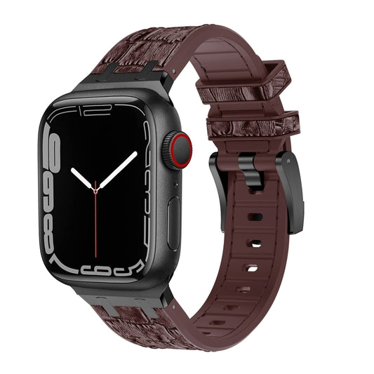 For Apple Watch Series 8 45mm Crocodile Texture Liquid Silicone Watch Band(Black Dark Brown) - Watch Bands by PMC Jewellery | Online Shopping South Africa | PMC Jewellery