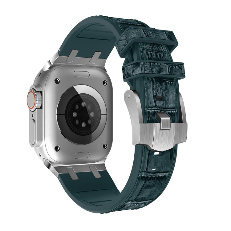 For Apple Watch Series 6 40mm Crocodile Texture Liquid Silicone Watch Band(Silver Deep Green) - Watch Bands by PMC TechLife | Online Shopping South Africa | PMC TechLife