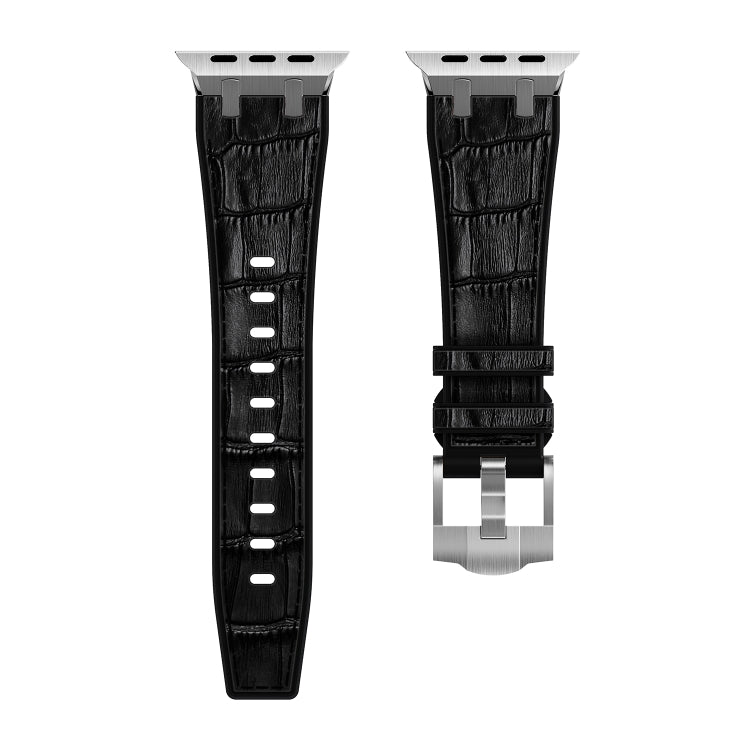 For Apple Watch 42mm Crocodile Texture Liquid Silicone Watch Band(Silver Black) - Watch Bands by PMC TechLife | Online Shopping South Africa | PMC TechLife