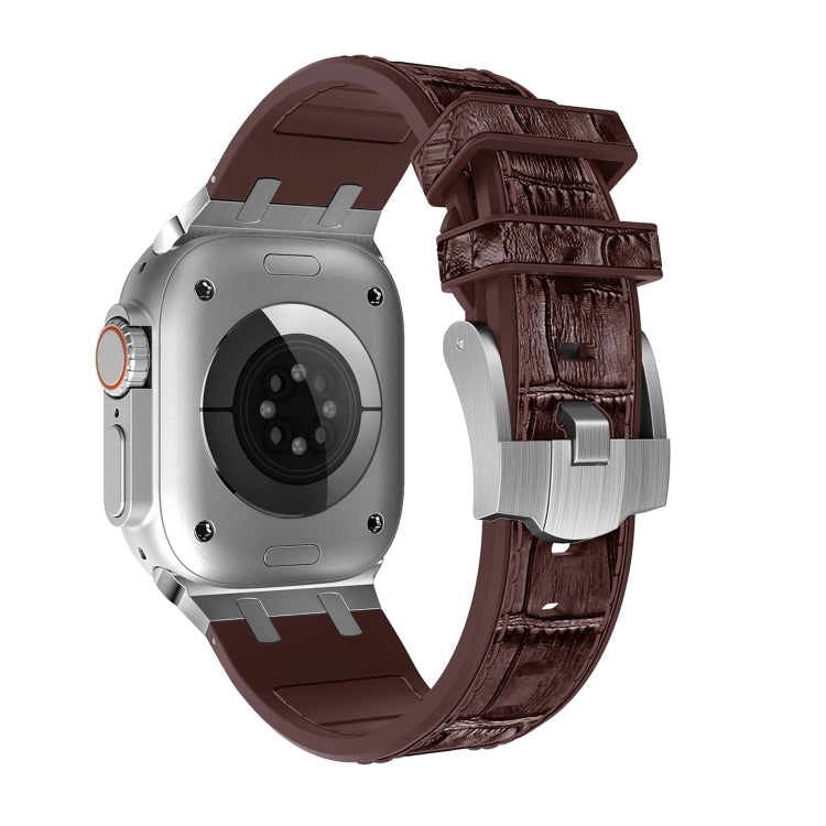 For Apple Watch 38mm Crocodile Texture Liquid Silicone Watch Band(Silver Dark Brown) - Watch Bands by PMC TechLife | Online Shopping South Africa | PMC TechLife
