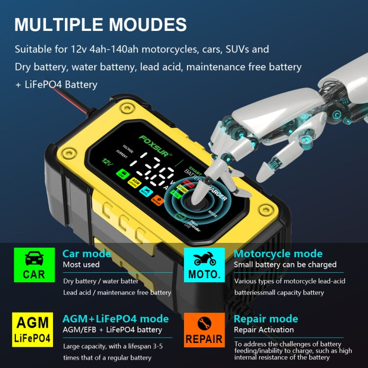 FOXSUR 7A 12V Car / Motorcycle Smart Battery Charger, Plug Type:EU Plug(Yellow) - free shipping - PMC TechLife - Order now!