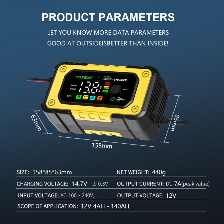 FOXSUR 7A 12V Car / Motorcycle Smart Battery Charger, Plug Type:EU Plug(Yellow) - free shipping - PMC TechLife - Order now!