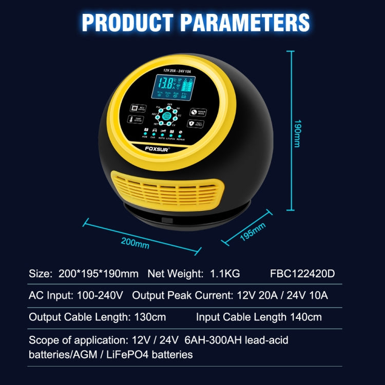FOXSUR 20A 12V 24V Car / Motorcycle Smart Battery Charger, Plug Type:EU Plug(Yellow) - free shipping - PMC TechLife - Order now!