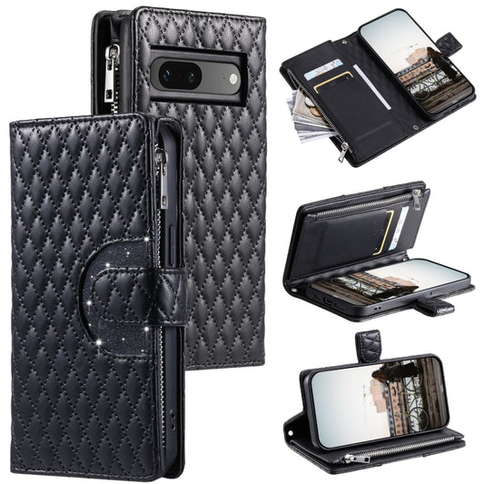 For Google Pixel 7 5G Glitter Lattice Zipper Wallet Leather Phone Case(Black) - Google Cases by PMC Jewellery | Online Shopping South Africa | PMC Jewellery | Buy Now Pay Later Mobicred