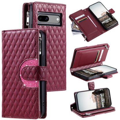 For Google Pixel 7a Glitter Lattice Zipper Wallet Leather Phone Case(Wine Red) - Google Cases by PMC Jewellery | Online Shopping South Africa | PMC Jewellery | Buy Now Pay Later Mobicred