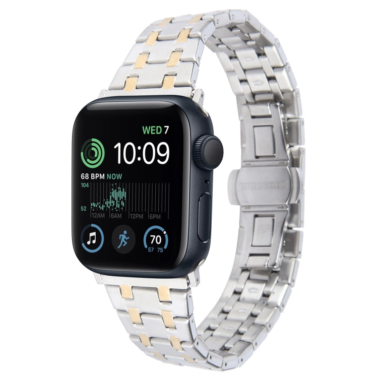 For Apple Watch SE 2022 44mm Double T Stainless Steel Watch Band(Silver Gold) - Watch Bands by PMC Jewellery | Online Shopping South Africa | PMC Jewellery