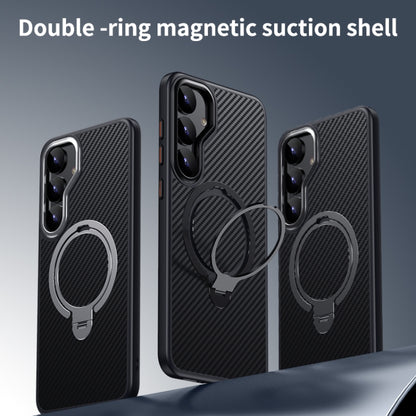 For Samsung Galaxy S25+ 5G Double Ring MagSafe Holder Carbon Fibre Phone Case(Silver) - Galaxy S25+ 5G Cases by PMC Jewellery | Online Shopping South Africa | PMC Jewellery | Buy Now Pay Later Mobicred