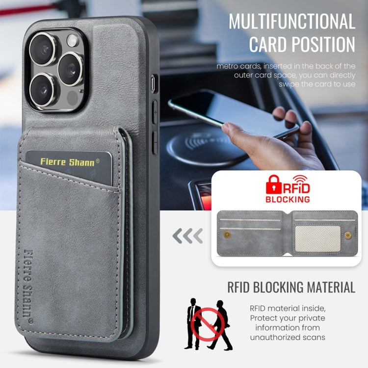 For iPhone 16 Pro Fierre Shann Cowhide Vertical Flip Magnetic Card Holder Phone Case(Grey) - iPhone 16 Pro Cases by FIERRE SHANN | Online Shopping South Africa | PMC Jewellery | Buy Now Pay Later Mobicred