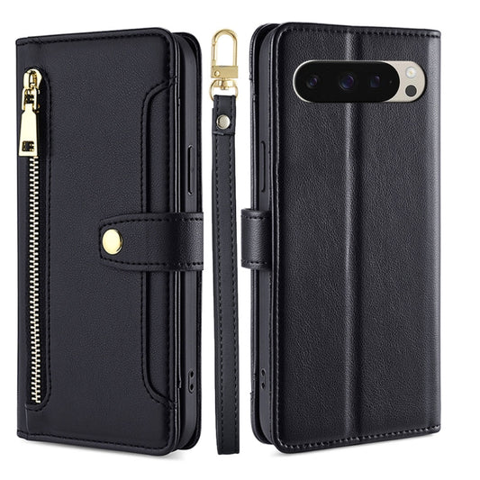 For Google Pixel 9 Sheep Texture Cross-body Zipper Wallet Leather Phone Case(Black) - Google Cases by PMC Jewellery | Online Shopping South Africa | PMC Jewellery | Buy Now Pay Later Mobicred