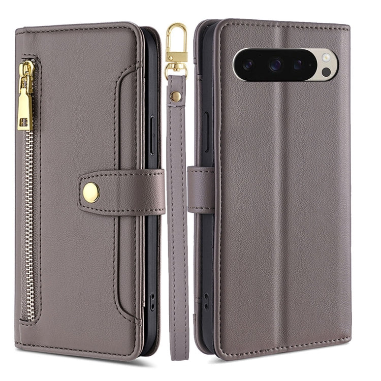 For Google Pixel 9 Sheep Texture Cross-body Zipper Wallet Leather Phone Case(Grey) - Google Cases by PMC TechLife | Online Shopping South Africa | PMC TechLife | Buy Now Pay Later Mobicred
