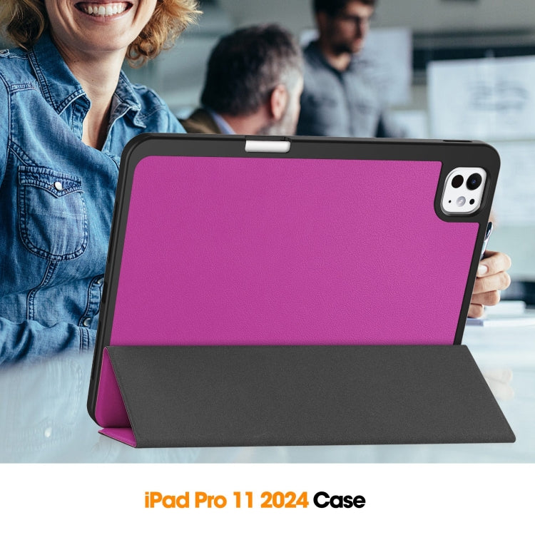 For iPad Pro 11 2024 Custer TPU Pure Color 3-Fold Holder Smart Leather Tablet Case with Pen Tray(Purple) - iPad Pro 11 2024 Cases by PMC Jewellery | Online Shopping South Africa | PMC Jewellery | Buy Now Pay Later Mobicred