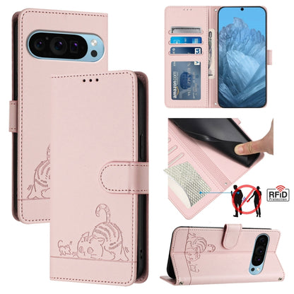 For Google Pixel 9 / 9 Pro Cat Rat Embossed Pattern RFID Leather Phone Case with Lanyard(Pink) - Google Cases by PMC Jewellery | Online Shopping South Africa | PMC Jewellery | Buy Now Pay Later Mobicred