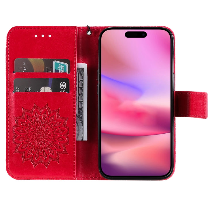 For iPhone 16 Embossed Sunflower Pattern Flip Leather Phone Case(Red) - iPhone 16 Cases by PMC Jewellery | Online Shopping South Africa | PMC Jewellery | Buy Now Pay Later Mobicred