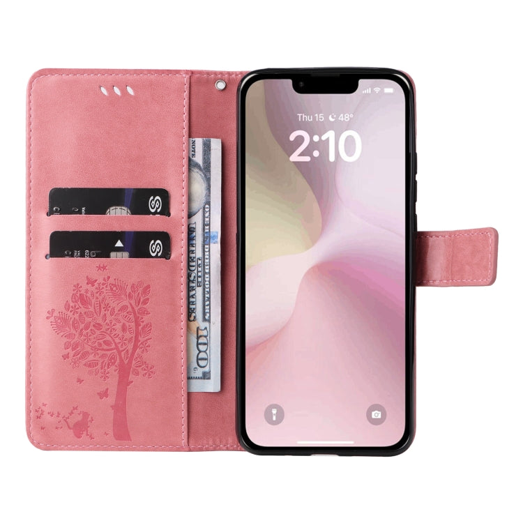 For iPhone SE 2024 Tree & Cat Embossed Pattern Flip Leather Phone Case(Pink) - More iPhone Cases by PMC Jewellery | Online Shopping South Africa | PMC Jewellery | Buy Now Pay Later Mobicred