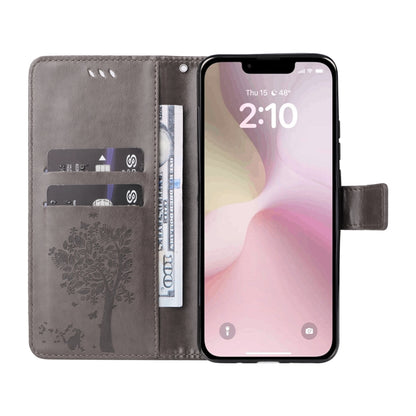 For iPhone SE 2024 Tree & Cat Embossed Pattern Flip Leather Phone Case(Grey) - More iPhone Cases by PMC Jewellery | Online Shopping South Africa | PMC Jewellery | Buy Now Pay Later Mobicred