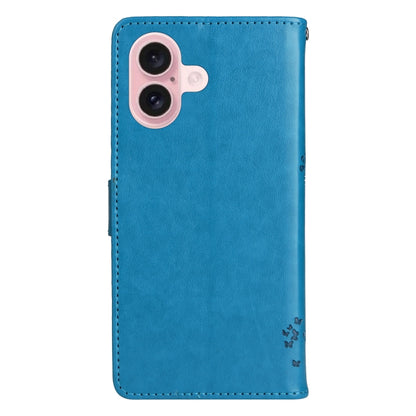 For iPhone 16 Tree & Cat Embossed Pattern Flip Leather Phone Case(Blue) - iPhone 16 Cases by PMC Jewellery | Online Shopping South Africa | PMC Jewellery | Buy Now Pay Later Mobicred