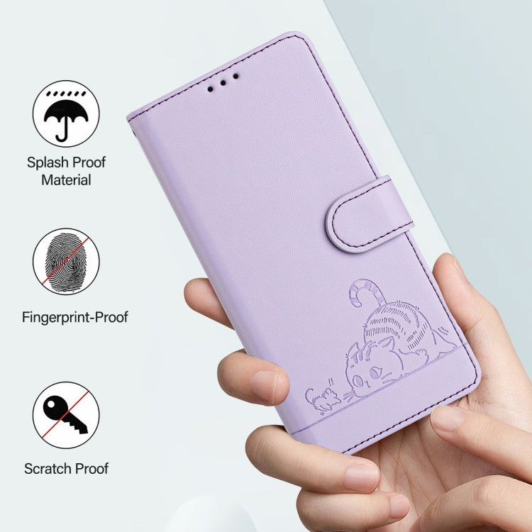 For OPPO Find X7 Ultra Cat Rat Embossed Pattern RFID Leather Phone Case with Lanyard(Purple) - Find X7 Ultra Cases by PMC Jewellery | Online Shopping South Africa | PMC Jewellery | Buy Now Pay Later Mobicred