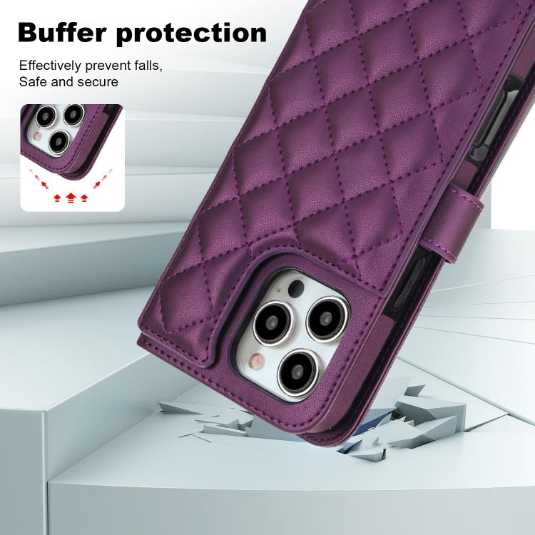 For iPhone 16 Pro Crossbody Multifunction Rhombic Leather Phone Case(Dark Purple) - More iPhone Cases by PMC Jewellery | Online Shopping South Africa | PMC Jewellery | Buy Now Pay Later Mobicred