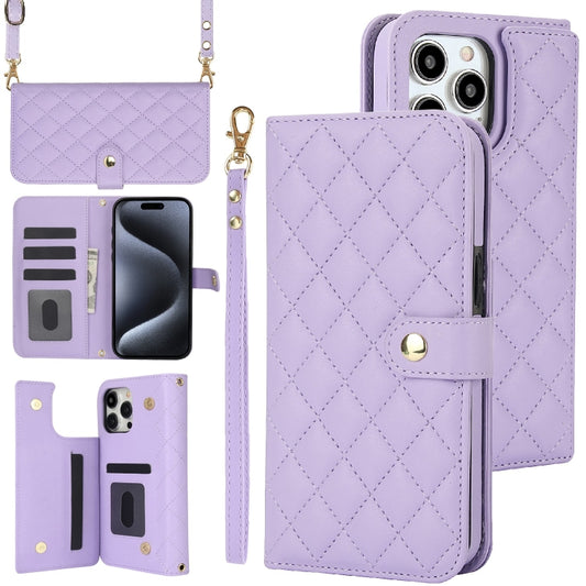 For iPhone 16 Pro Crossbody Multifunction Rhombic Leather Phone Case(Purple) - More iPhone Cases by PMC Jewellery | Online Shopping South Africa | PMC Jewellery | Buy Now Pay Later Mobicred