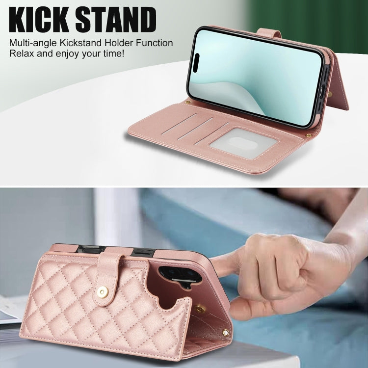 For iPhone 16 Crossbody Multifunction Rhombic Leather Phone Case(Rose Gold) - iPhone 16 Cases by PMC Jewellery | Online Shopping South Africa | PMC Jewellery | Buy Now Pay Later Mobicred