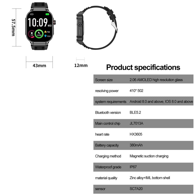 G40S 2.06 inch IP67 BT5.2 Sport Smart Watch, Support Bluetooth Call / Sleep / Blood Oxygen / Heart Rate / Blood Pressure Health Monitor(Black) - Smart Watches by PMC Jewellery | Online Shopping South Africa | PMC Jewellery | Buy Now Pay Later Mobicred