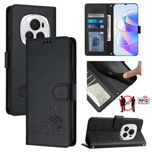 For Honor Magic6 Pro 5G Global Cat Rat Embossed Pattern RFID Leather Phone Case with Lanyard(Black) - Honor Cases by PMC Jewellery | Online Shopping South Africa | PMC Jewellery | Buy Now Pay Later Mobicred