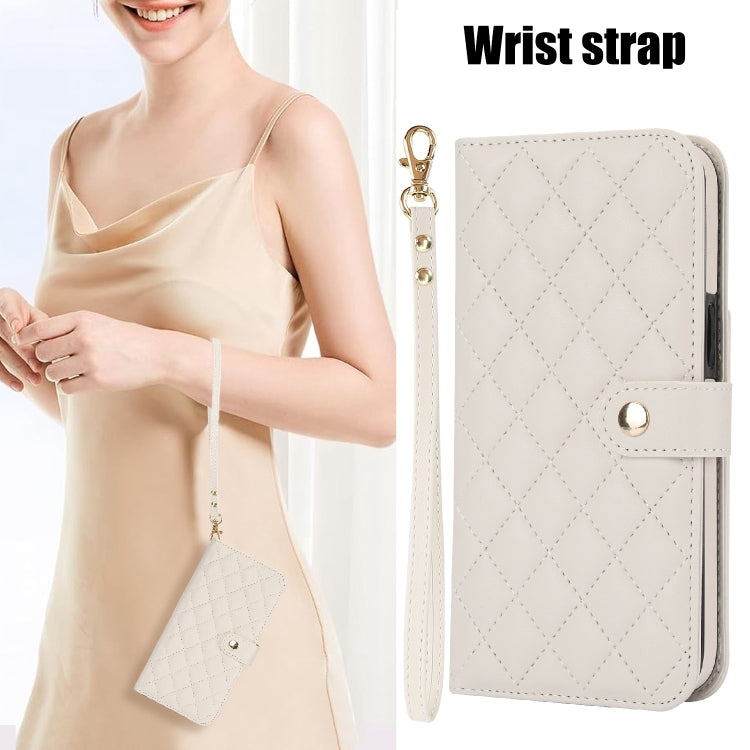 For Google Pixel 8 Crossbody Multifunction Rhombic Leather Phone Case(White) - Google Cases by PMC TechLife | Online Shopping South Africa | PMC TechLife | Buy Now Pay Later Mobicred