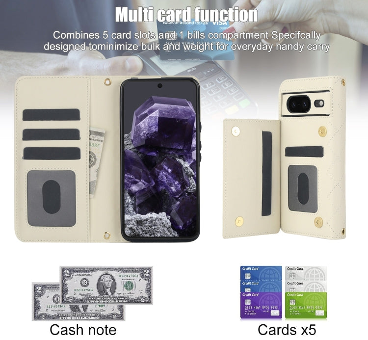 For Google Pixel 8 Crossbody Multifunction Rhombic Leather Phone Case(White) - Google Cases by PMC TechLife | Online Shopping South Africa | PMC TechLife | Buy Now Pay Later Mobicred
