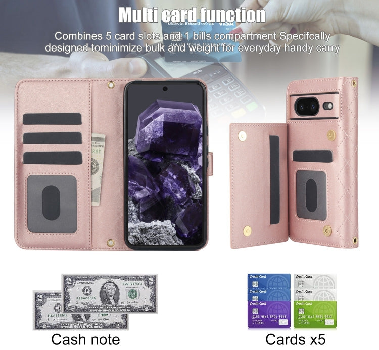 For Google Pixel 8 Crossbody Multifunction Rhombic Leather Phone Case(Rose Gold) - Google Cases by PMC TechLife | Online Shopping South Africa | PMC TechLife | Buy Now Pay Later Mobicred
