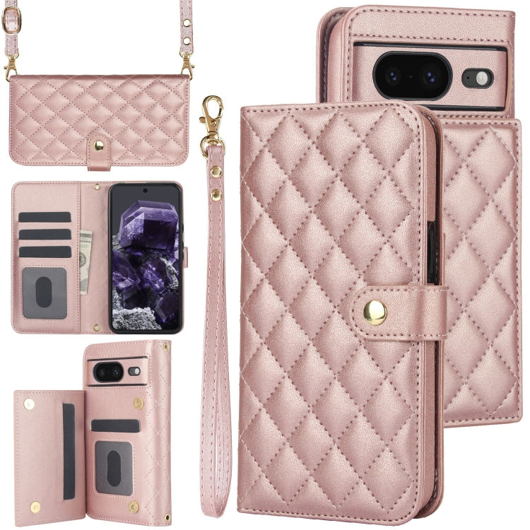 For Google Pixel 8a Crossbody Multifunction Rhombic Leather Phone Case(Rose Gold) - Google Cases by PMC TechLife | Online Shopping South Africa | PMC TechLife | Buy Now Pay Later Mobicred