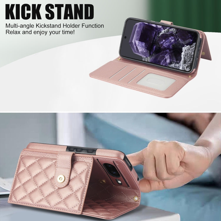 For Google Pixel 8a Crossbody Multifunction Rhombic Leather Phone Case(Rose Gold) - Google Cases by PMC TechLife | Online Shopping South Africa | PMC TechLife | Buy Now Pay Later Mobicred