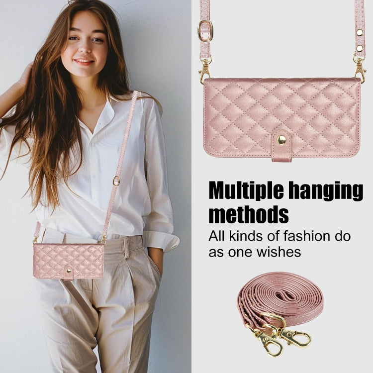 For Google Pixel 8a Crossbody Multifunction Rhombic Leather Phone Case(Rose Gold) - Google Cases by PMC TechLife | Online Shopping South Africa | PMC TechLife | Buy Now Pay Later Mobicred