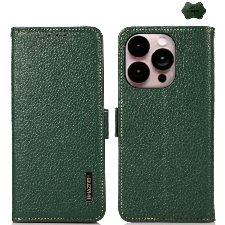 For iPhone 16 Pro KHAZNEH Side-Magnetic Litchi Genuine Leather RFID Case(Green) - iPhone 16 Pro Cases by PMC TechLife | Online Shopping South Africa | PMC TechLife | Buy Now Pay Later Mobicred