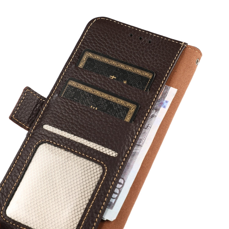 For iPhone 16 Plus KHAZNEH Side-Magnetic Litchi Genuine Leather RFID Case(Brown) - iPhone 16 Plus Cases by PMC TechLife | Online Shopping South Africa | PMC TechLife | Buy Now Pay Later Mobicred