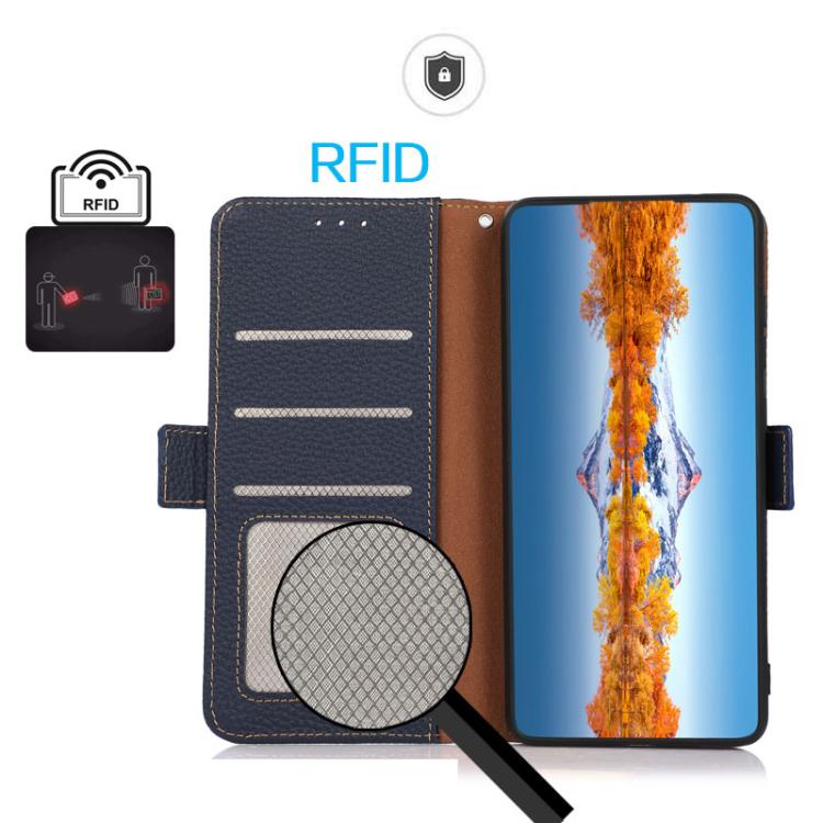 For iPhone 17 KHAZNEH Side-Magnetic Litchi Genuine Leather RFID Case(Blue) - free shipping - PMc TechLife - Order now!