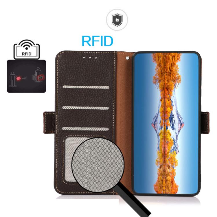 For iPhone 17 KHAZNEH Side-Magnetic Litchi Genuine Leather RFID Case(Brown) - free shipping - PMc TechLife - Order now!