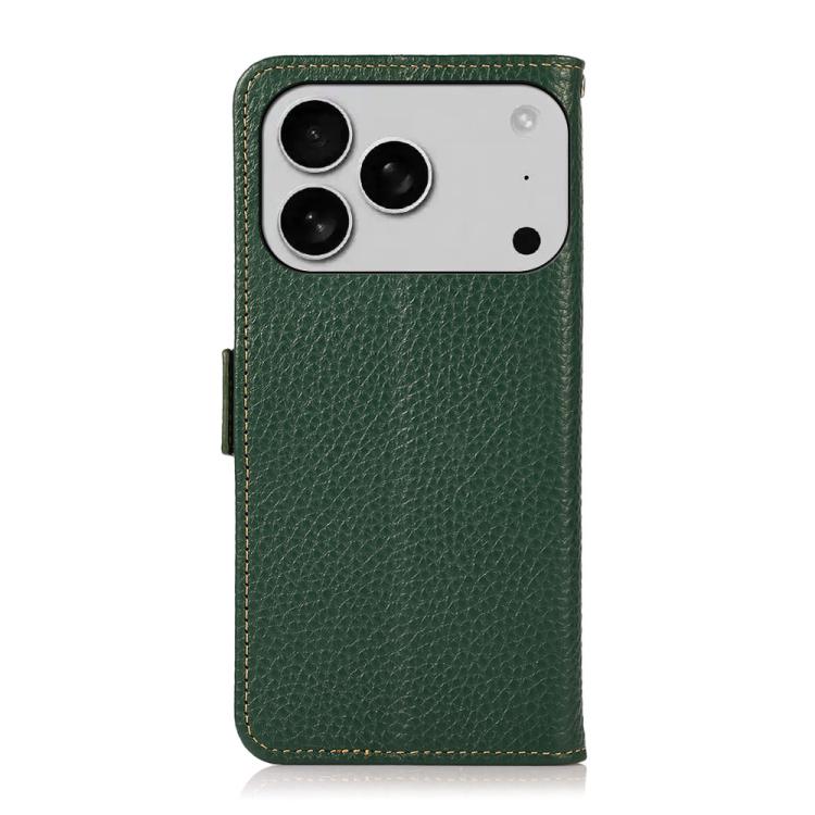 For iPhone 17 Pro KHAZNEH Side-Magnetic Litchi Genuine Leather RFID Case(Green) - free shipping - PMc TechLife - Order now!