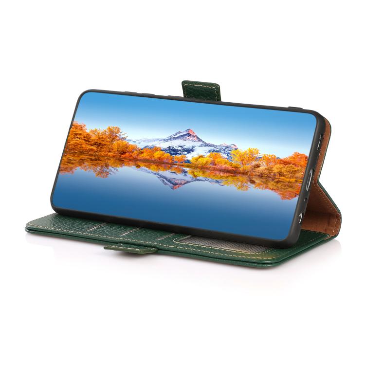 For iPhone 17 Pro KHAZNEH Side-Magnetic Litchi Genuine Leather RFID Case(Green) - free shipping - PMc TechLife - Order now!