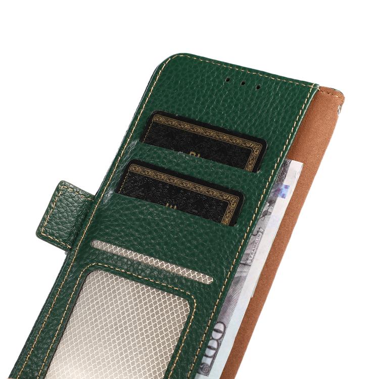 For iPhone 17 Pro KHAZNEH Side-Magnetic Litchi Genuine Leather RFID Case(Green) - free shipping - PMc TechLife - Order now!