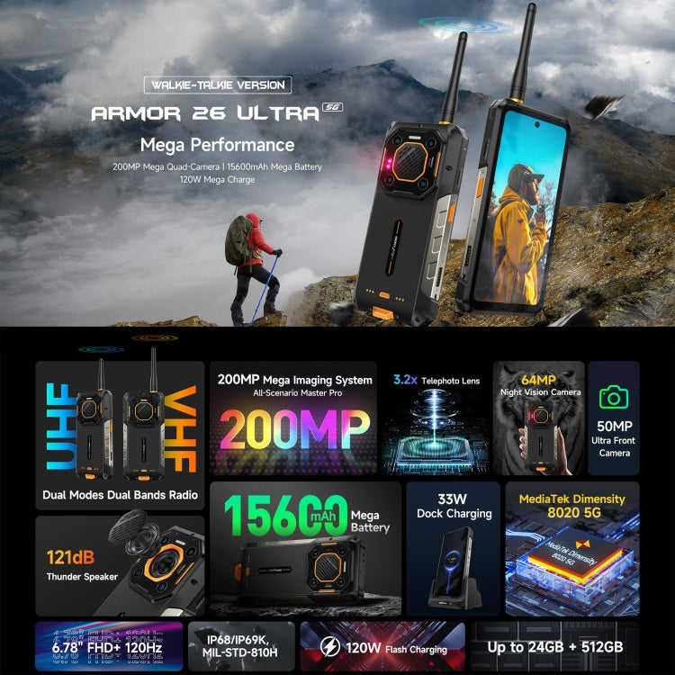 [HK Warehouse] Ulefone Armor 26 Ultra Walkie-Talkie Version Rugged Phone, 12GB+512GB, 6.78 inch Android 13 MediaTek Dimensity 8020 Octa Core, Network: 5G, NFC(Black) - Ulefone by Ulefone | Online Shopping South Africa | PMC Jewellery | Buy Now Pay Later Mobicred