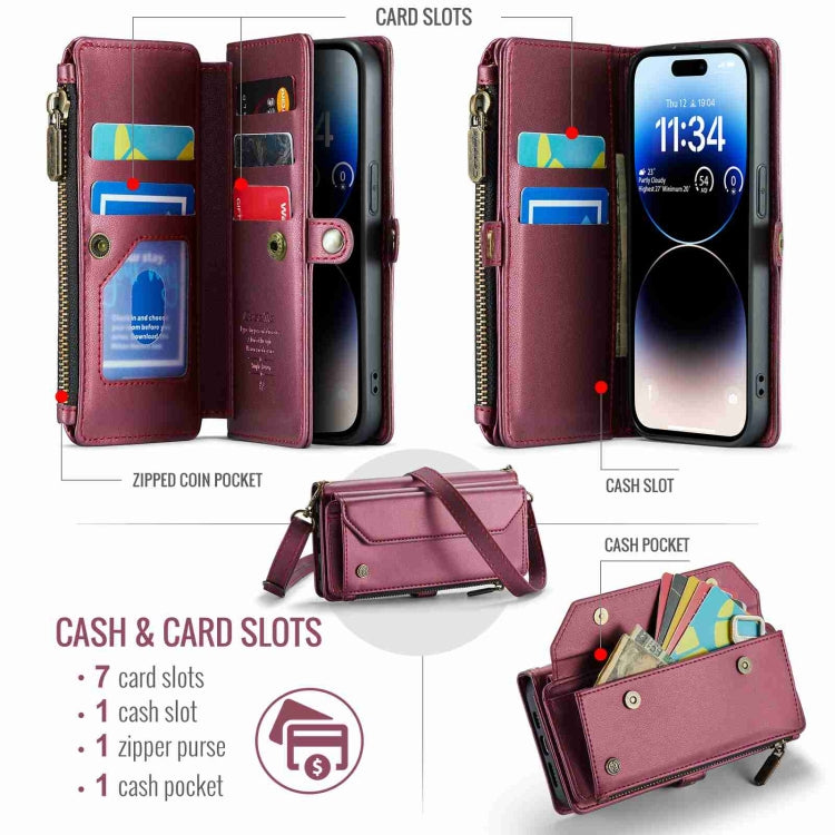 For iPhone 14 Pro CaseMe C36 Card Slots Zipper Wallet RFID Anti-theft Leather Phone Case(Wine Red) - iPhone 14 Pro Cases by CaseMe | Online Shopping South Africa | PMC Jewellery | Buy Now Pay Later Mobicred