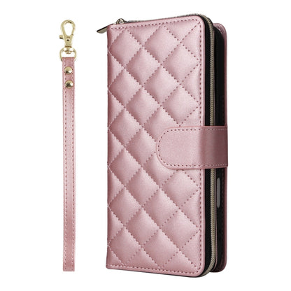 For iPhone 16 Plus Crossbody Rhombic Zipper Tower Buckle Leather Phone Case with Lanyard(Rose Gold) - iPhone 16 Plus Cases by PMC Jewellery | Online Shopping South Africa | PMC Jewellery | Buy Now Pay Later Mobicred